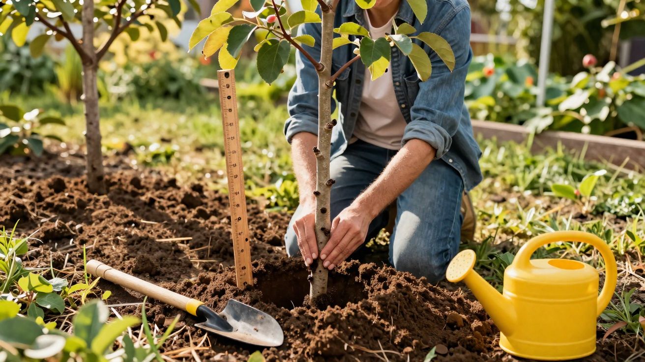 Pessoa plantando árvore jovem em jardim, com regador amarelo e pá ao lado na terra.