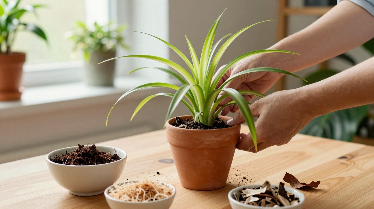 Pessoa cuidando de planta em vaso de barro sobre mesa com tigelas de substratos ao redor em ambiente iluminado.