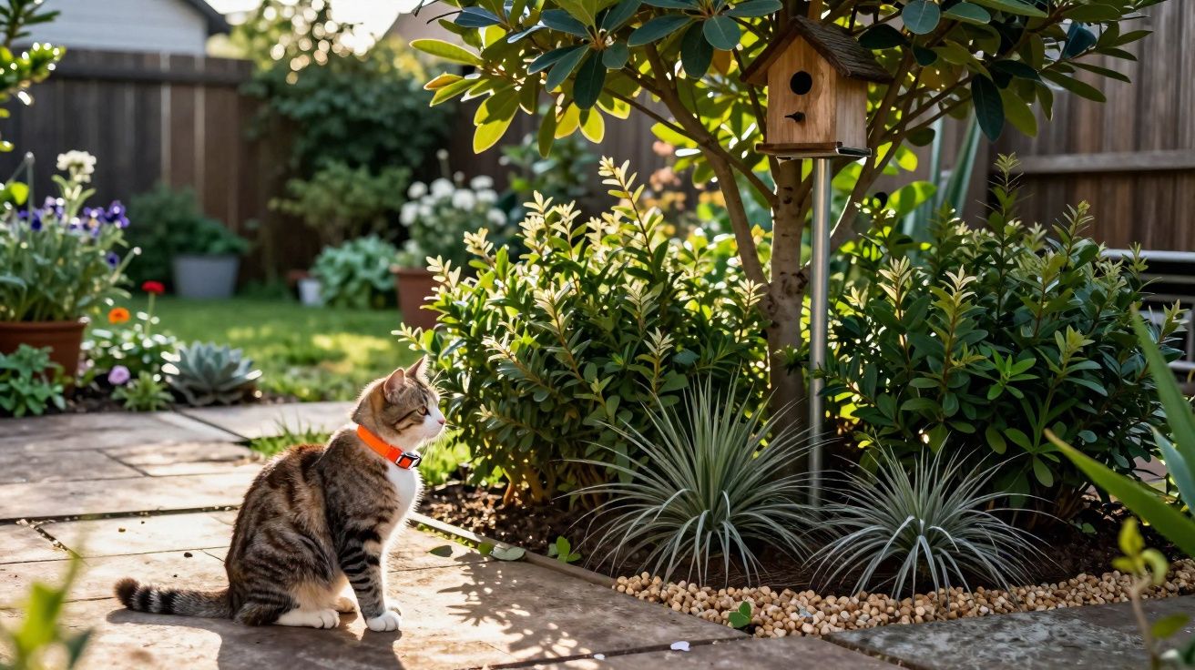 Gato com coleira laranja sentado em jardim ensolarado observando uma casinha de passarinhos em árvore.