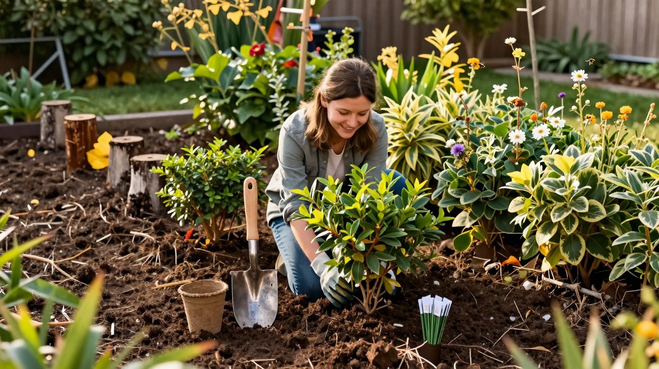 Mulher sorridente cuidando de plantas em um jardim cheio de flores coloridas e vegetação.