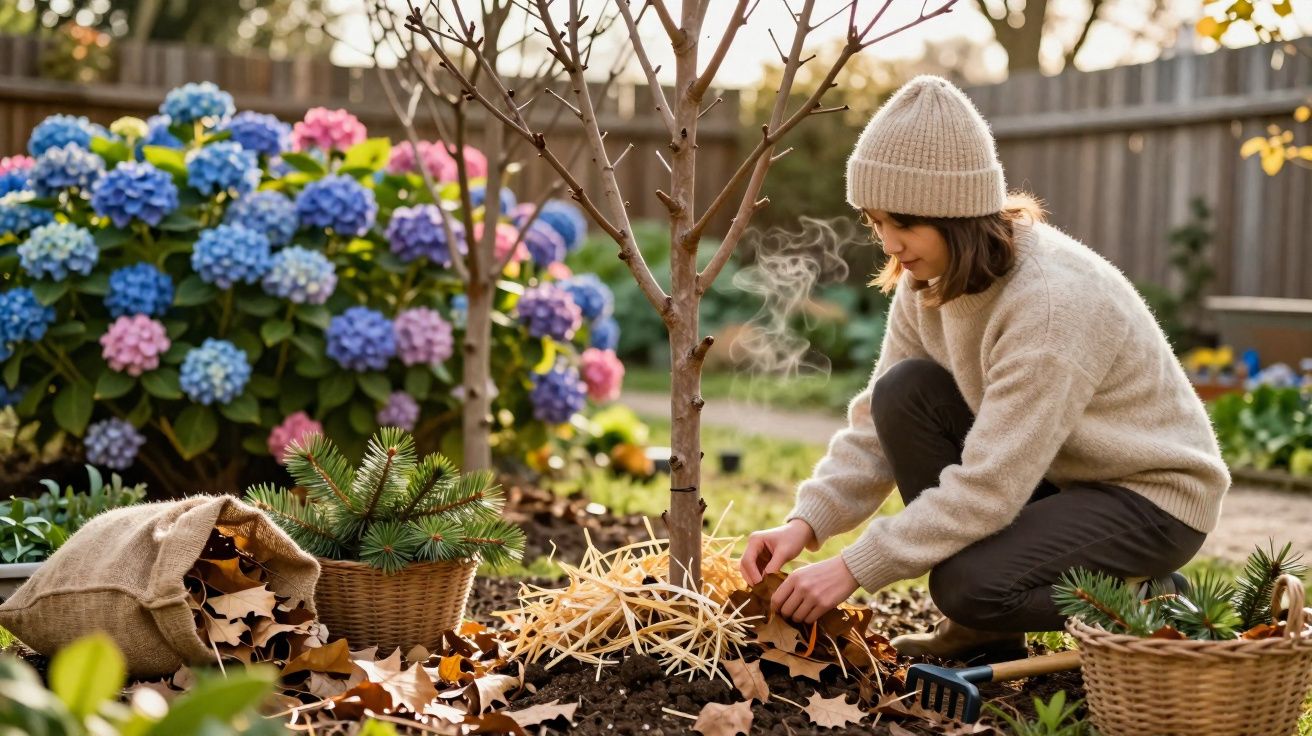 Mulher jovem agachada cuidando de planta em jardim com flores e folhas secas ao redor.