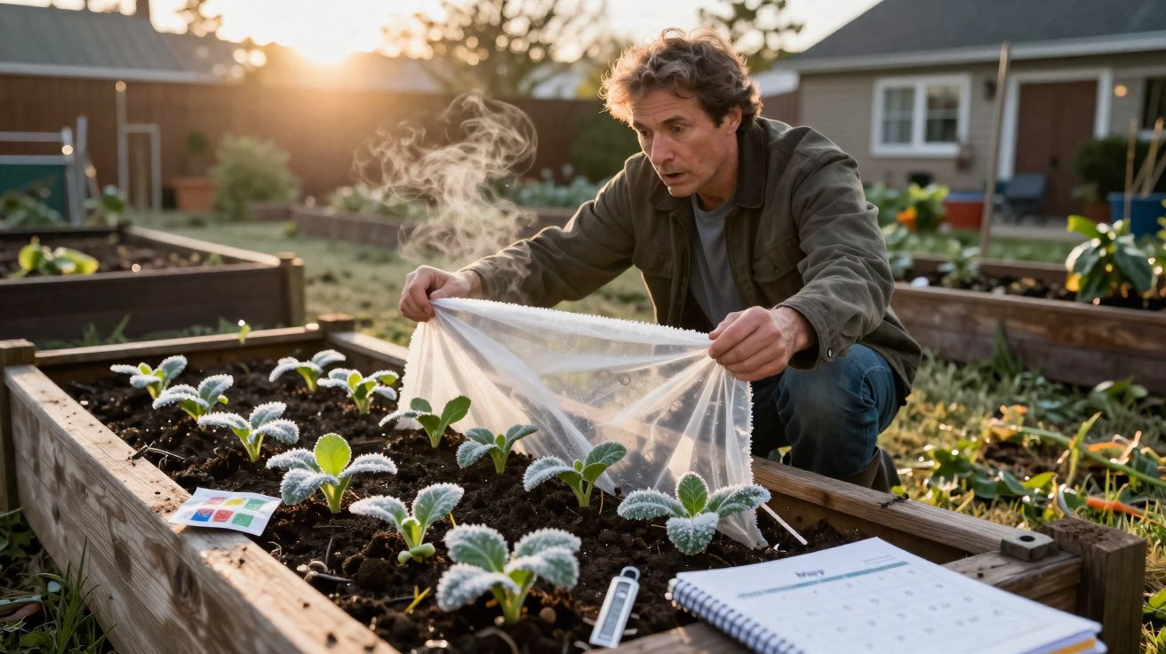 Homem retirando cobertura plástica de canteiro com plantas cultivadas ao amanhecer.