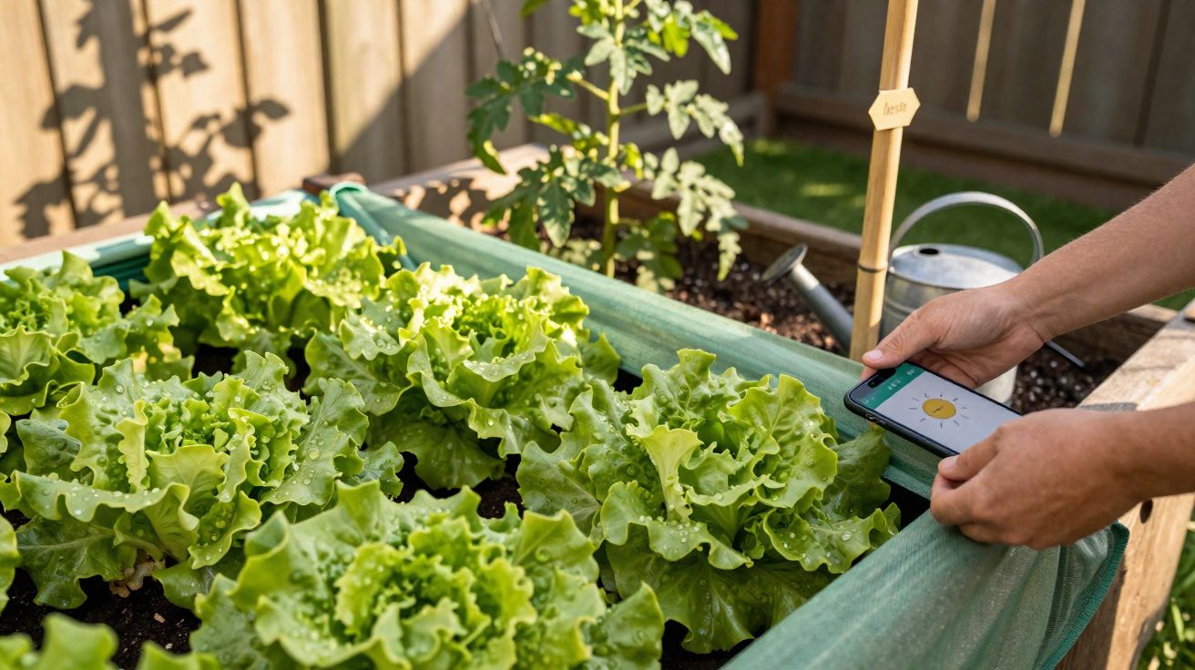 Mãos seguram celular com app do sol perto de hortaliças verdes crescendo em canteiro elevado ao ar livre.