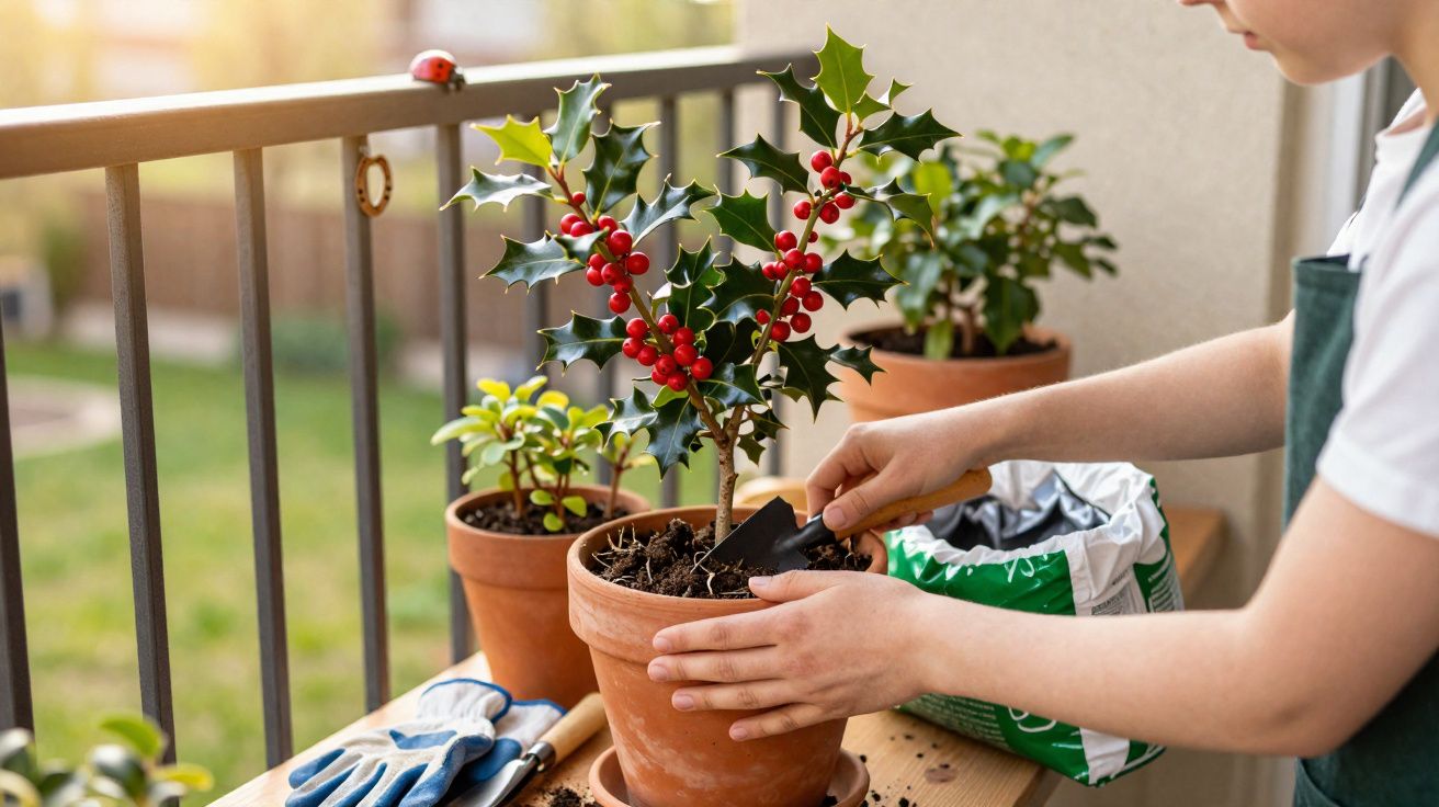 Pessoa plantando uma muda de azevinho em vaso de cerâmica em sacada ensolarada com outras plantas.