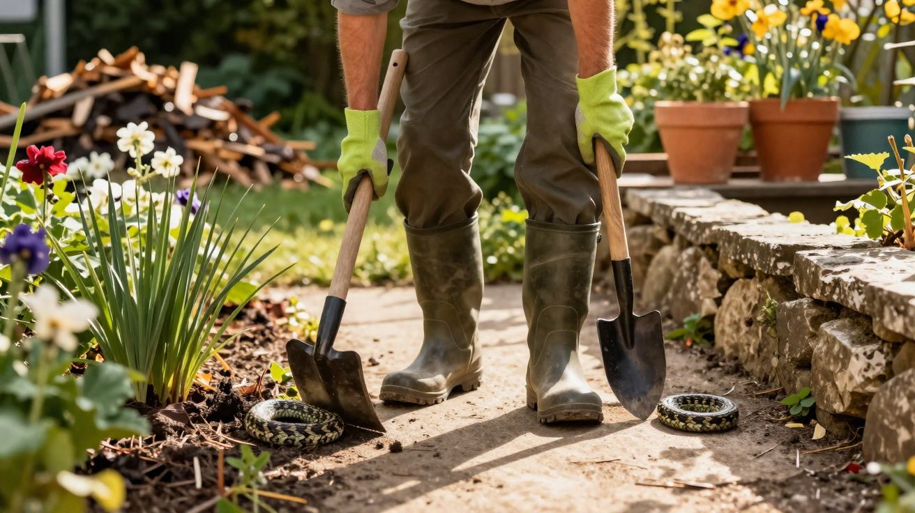 Pessoa com botas de borracha e luvas segurando ferramentas de jardinagem perto de serpente em jardim florido.