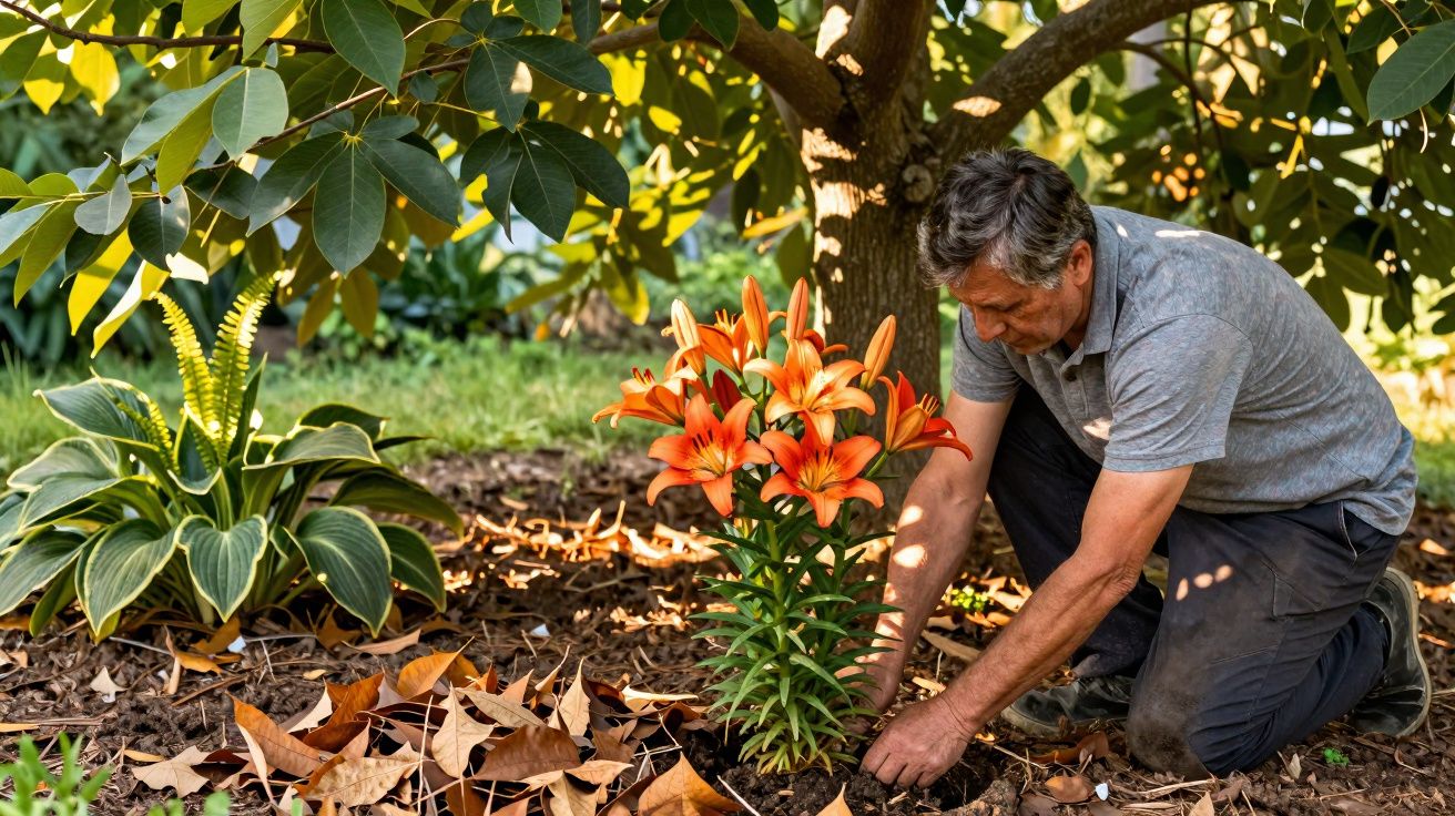 Homem adulto ajoelhado cuidando de lírios laranja em jardim com árvores e plantas ao redor.
