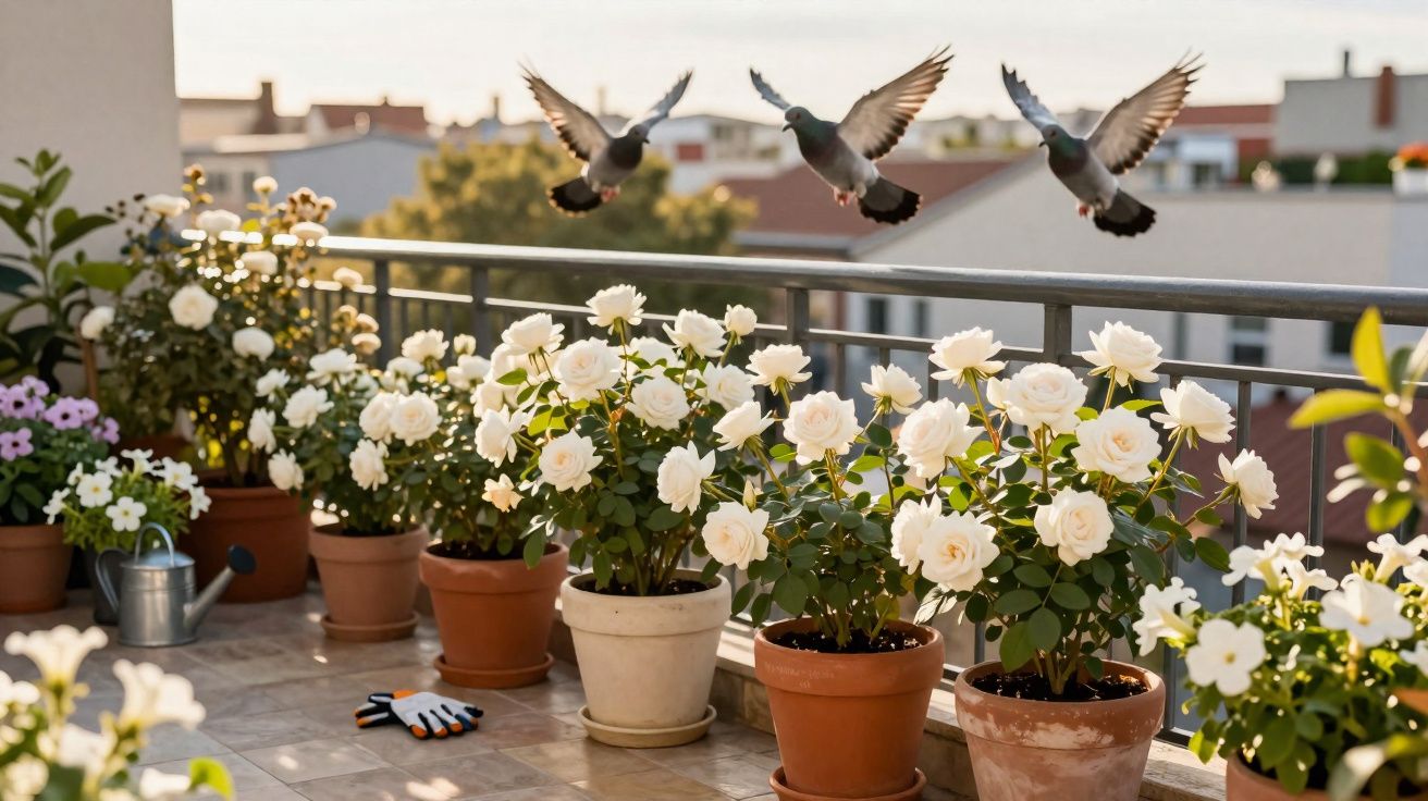 Varanda com vasos de flores brancas e três pombos voando sobre o corrimão ao entardecer.