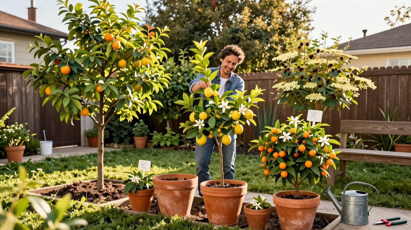 Homem cuidando de árvores frutíferas em vasos em um jardim ensolarado.