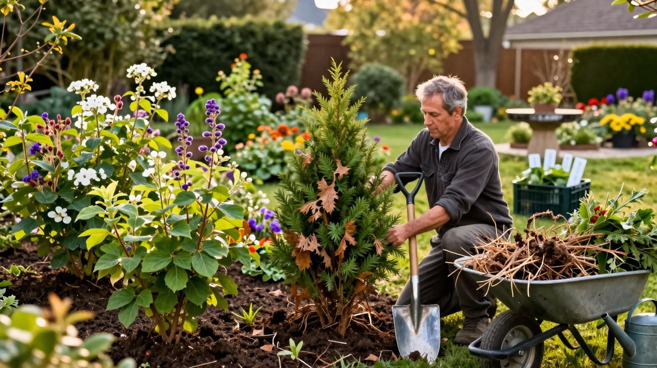 Homem cuidando de planta jovem em jardim florido com carrinho de mão e ferramentas ao redor.