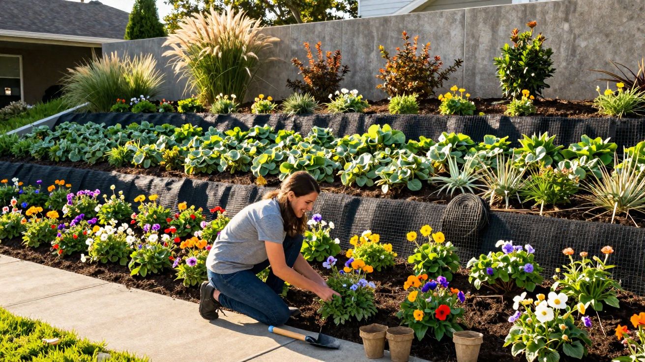 Mulher plantando flores coloridas em canteiro de jardim em área residencial ensolarada.