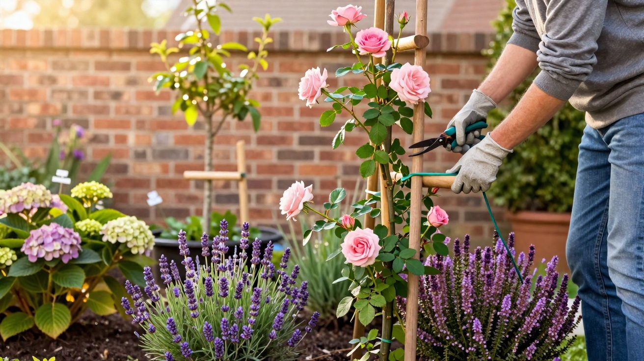 Pessoa podando rosas rosas em jardim com lavandas e hortênsias em dia ensolarado.