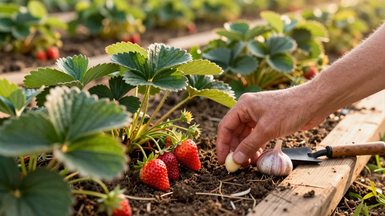 Mão plantando alho em canteiro ao lado de pés de morango com frutas vermelhas maduras.