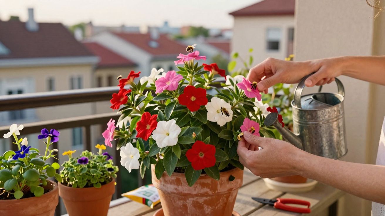 Pessoa regando flores coloridas em vasos de cerâmica em uma varanda ensolarada de apartamento.