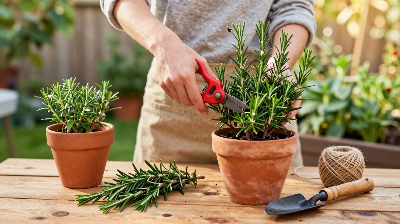 Pessoa poda alecrim em vaso de barro sobre mesa de madeira com ferramentas de jardinagem ao lado.