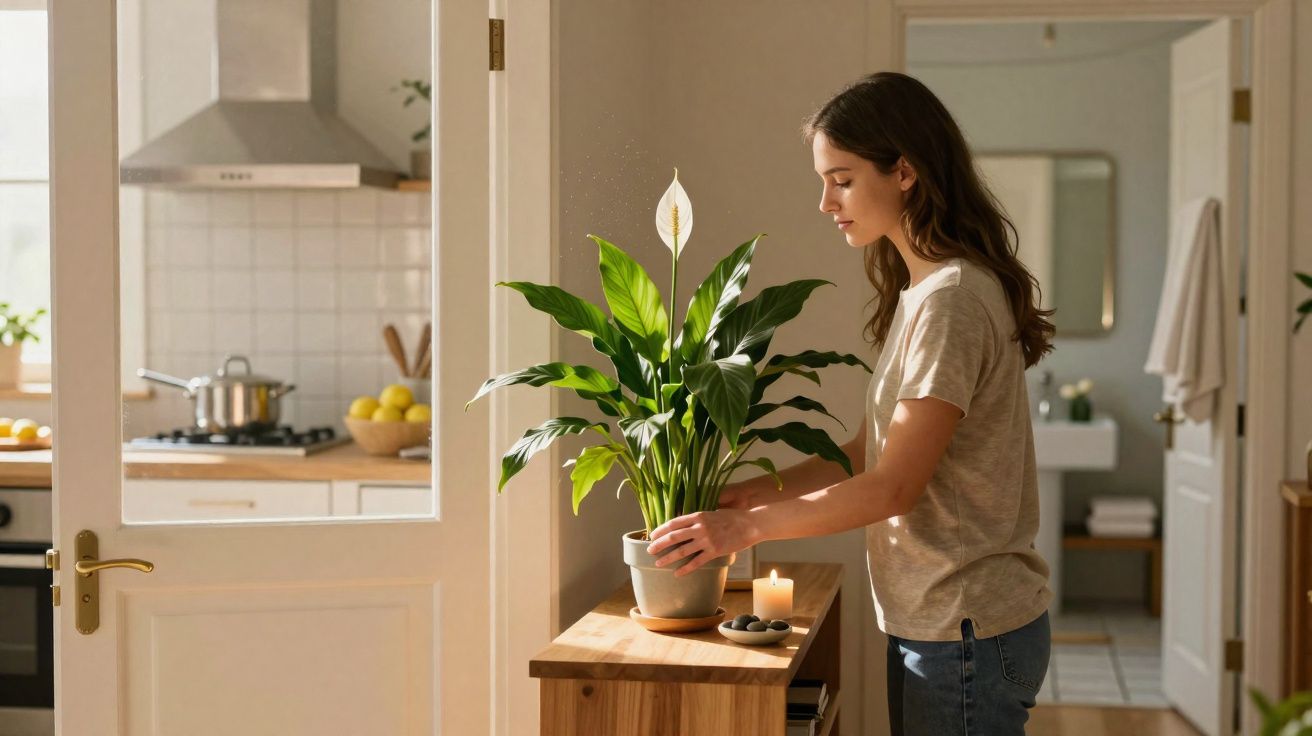 Mulher cuidando de planta em vaso sobre móvel de madeira em ambiente interno iluminado.