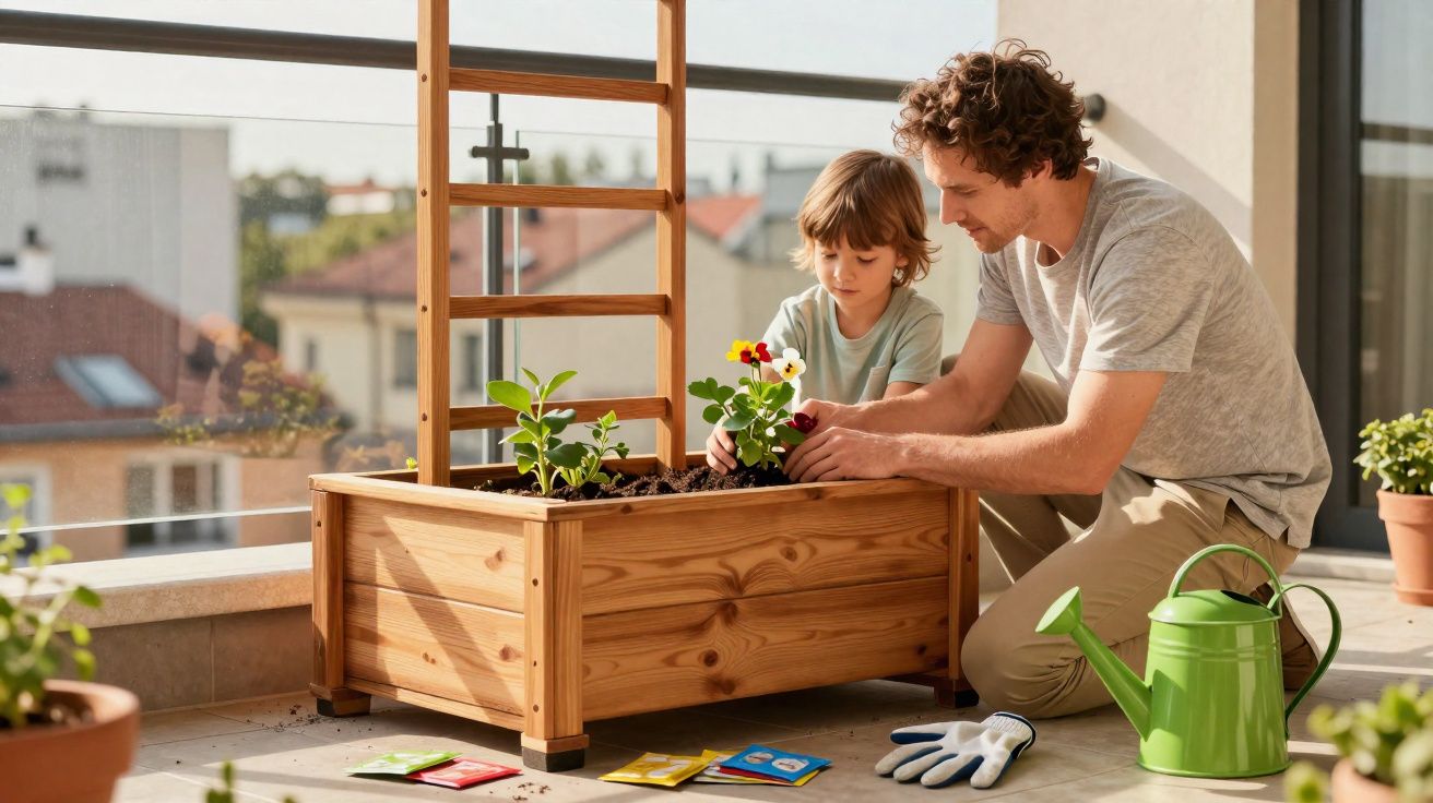 Pai e filho plantando flores em uma jardineira de madeira em sacada ensolarada.