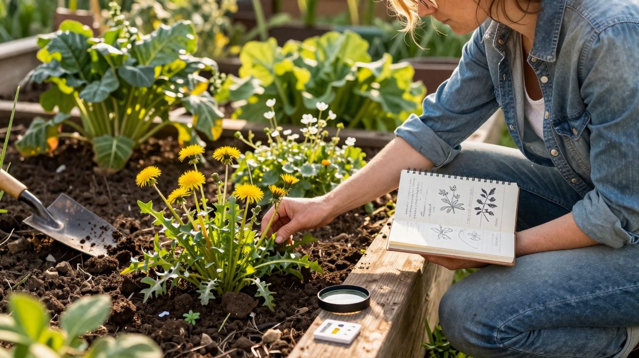 Pessoa estudando plantas em jardim elevado com flores amarelas e livro de botânica aberto.