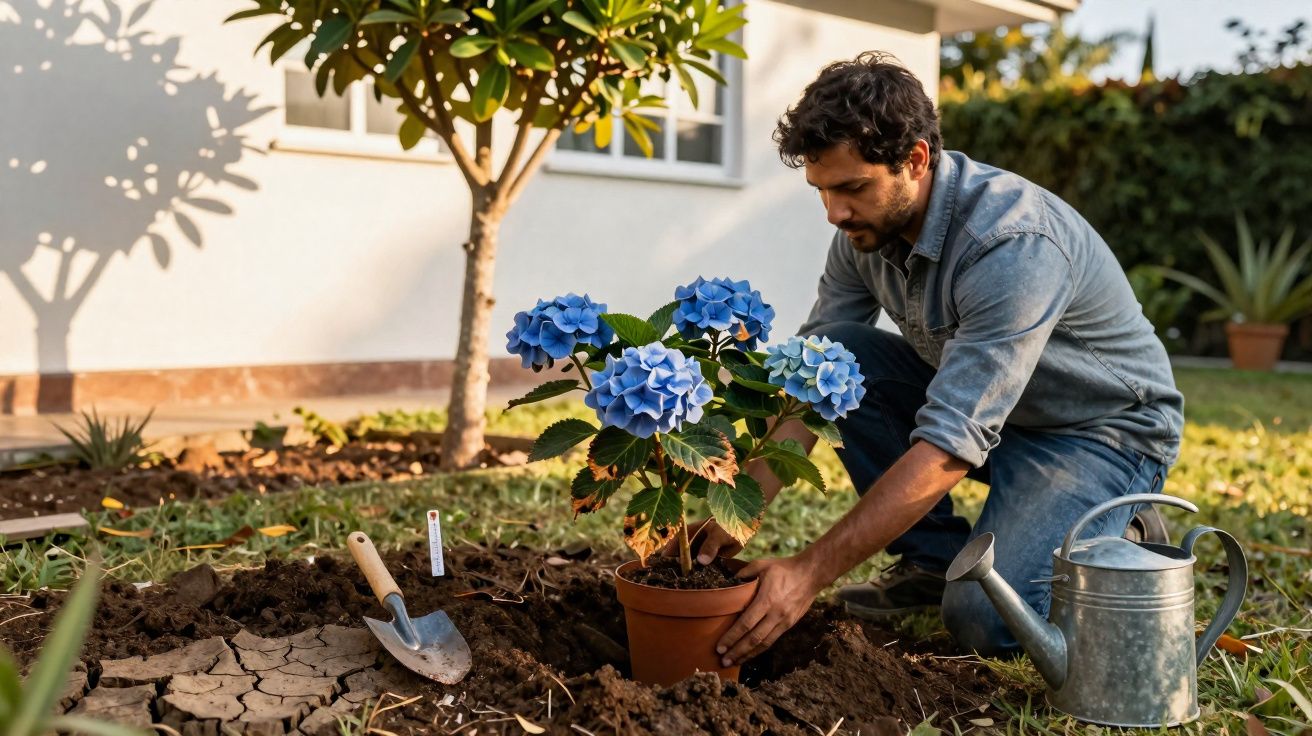 Homem plantando hortênsia azul em vaso no jardim, com regador e pá ao redor, em dia ensolarado.