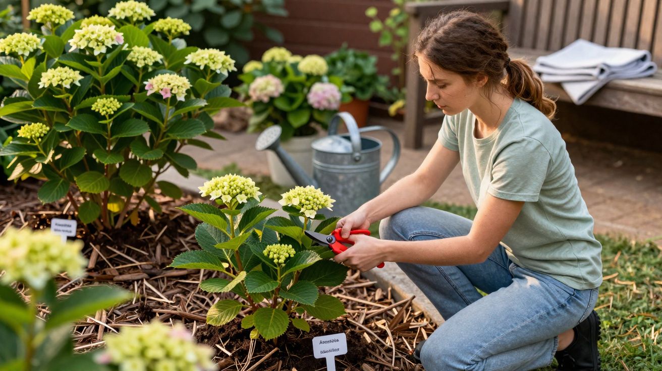Mulher cuidando de plantas floridas em jardim, com regador e bancos ao fundo.
