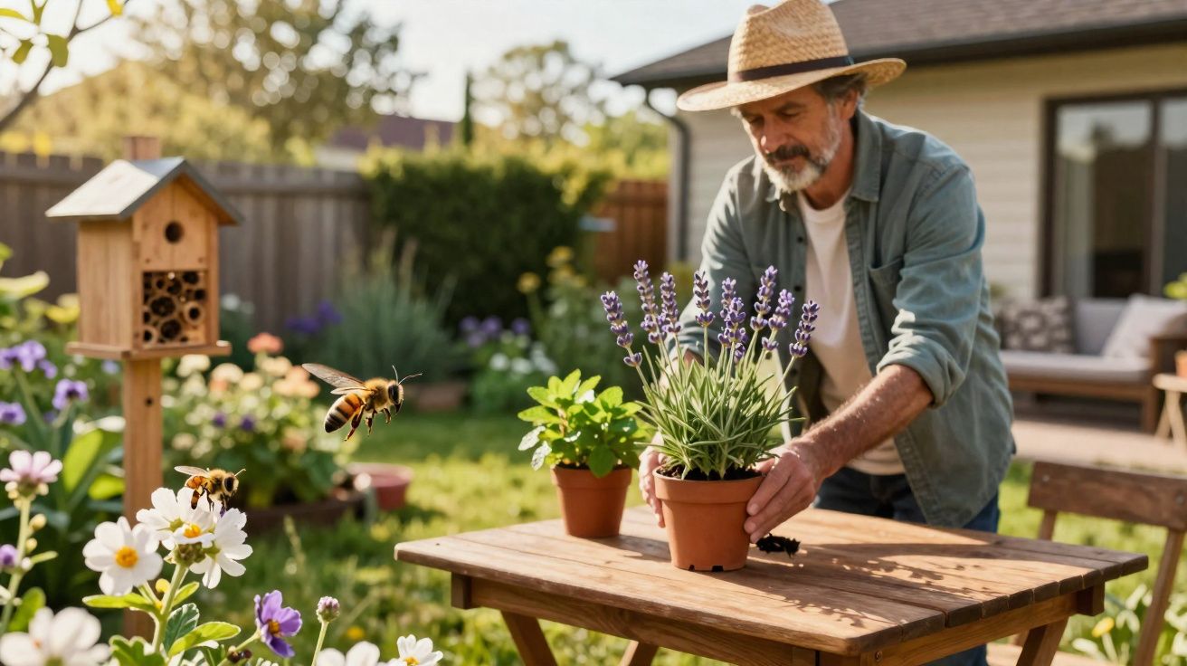 Homem idoso com chapéu cuidando de plantas em vaso enquanto abelhas voam em jardim ensolarado.