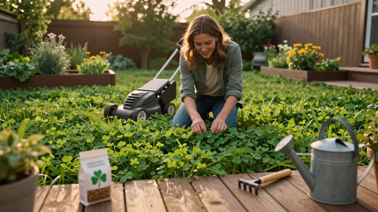 Mulher agachada cuidando de plantas em um jardim florido ao ar livre ao entardecer.