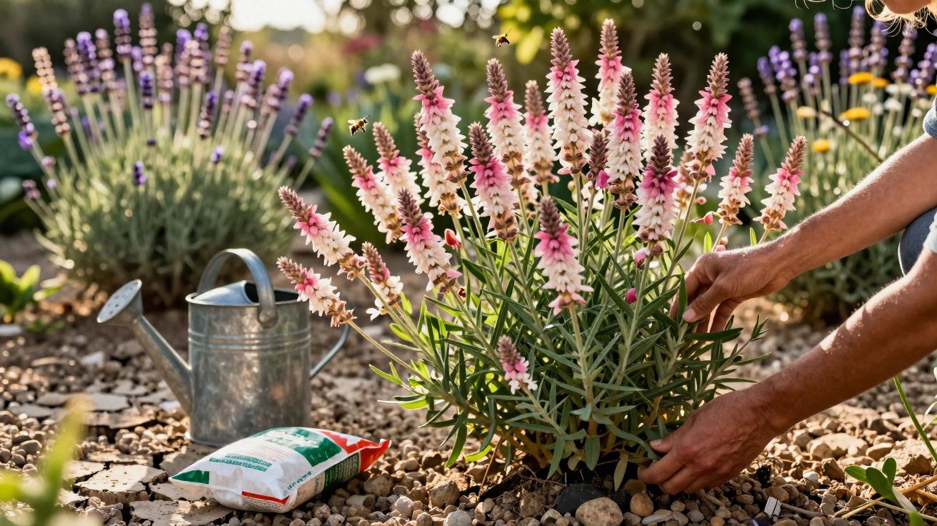 Mãos cuidando de planta florida rosa com regador e pacote de adubo ao lado em jardim de pedras.