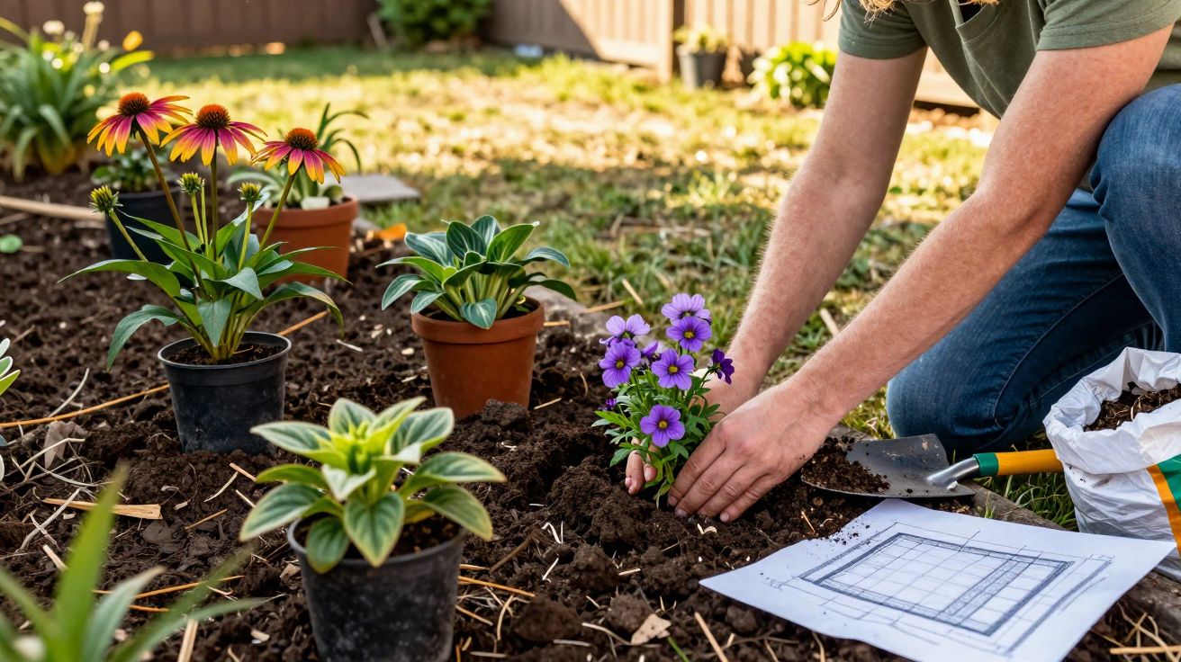 Pessoa plantando flores roxas no jardim, com outras plantas em vasos e um plano de jardim no chão.