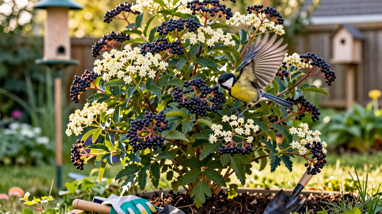 Pássaro pousado em arbusto florido com flores brancas e frutos pretos, jardim ao fundo, luvas e pá no solo.