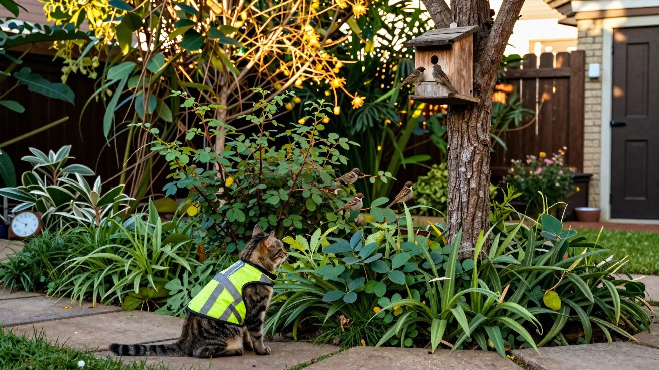 Gato com colete refletivo observa pássaros perto de uma caixa de madeira em jardim com plantas e pedras.