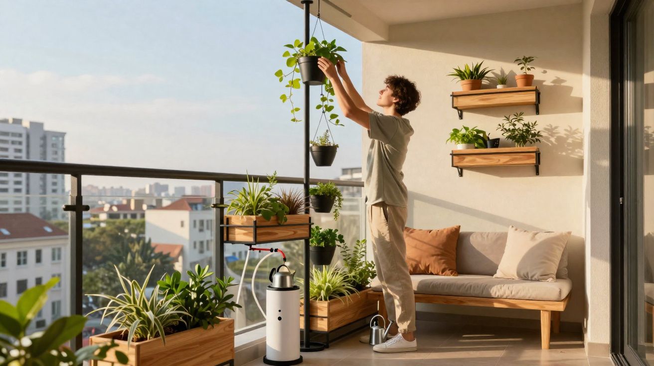 Pessoa cuidando de plantas em varandas com vasos e móveis em área ensolarada de apartamento.