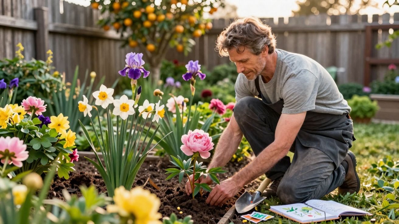 Homem cuidando de flores coloridas em um jardim ensolarado durante o dia.
