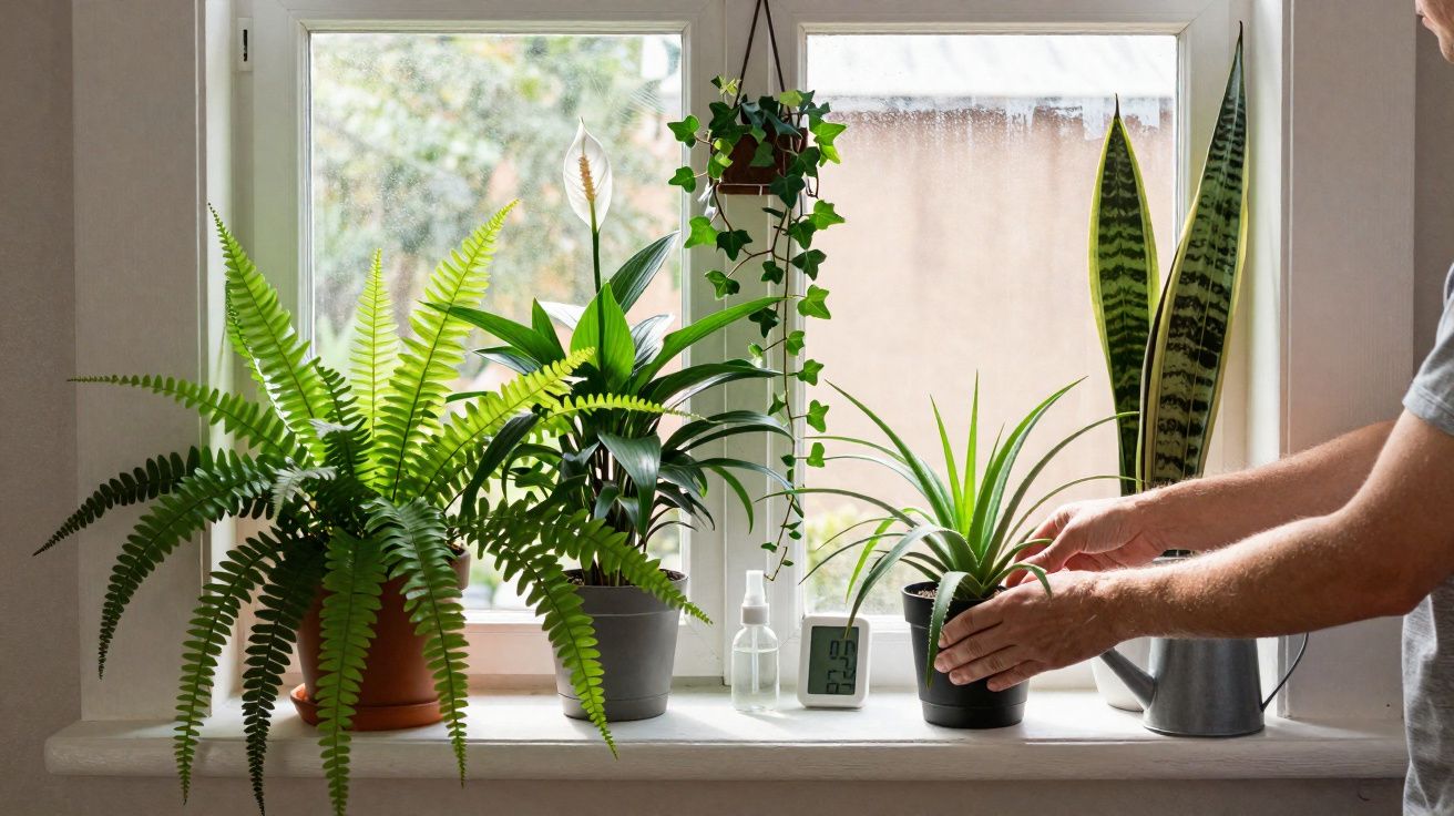 Várias plantas em vasos na janela com mãos ajustando uma delas e regador ao lado.
