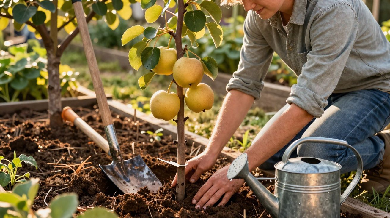 Pessoa plantando uma muda de árvore com frutas amarelas em canteiro de jardim ensolarado.
