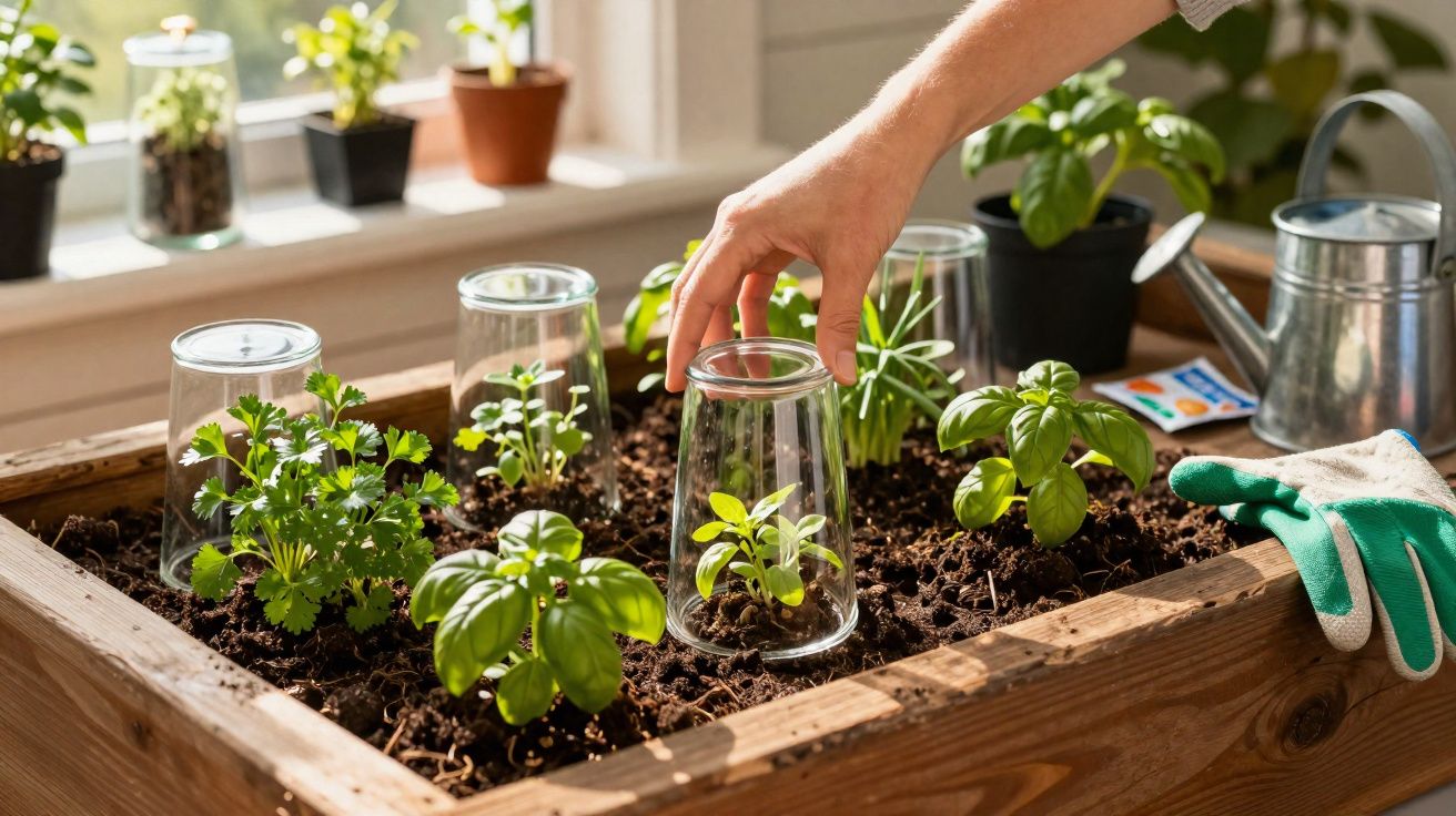 Mão protegendo mudas com copos transparentes em canteiro de madeira para cultivo de ervas dentro de casa.