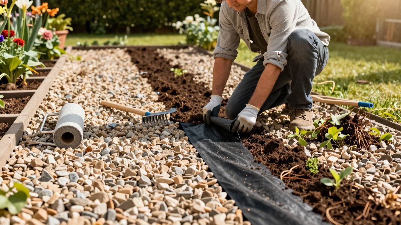Pessoa colocando manta antipassante em jardim cercado por pedras decorativas e plantas em dias de sol.