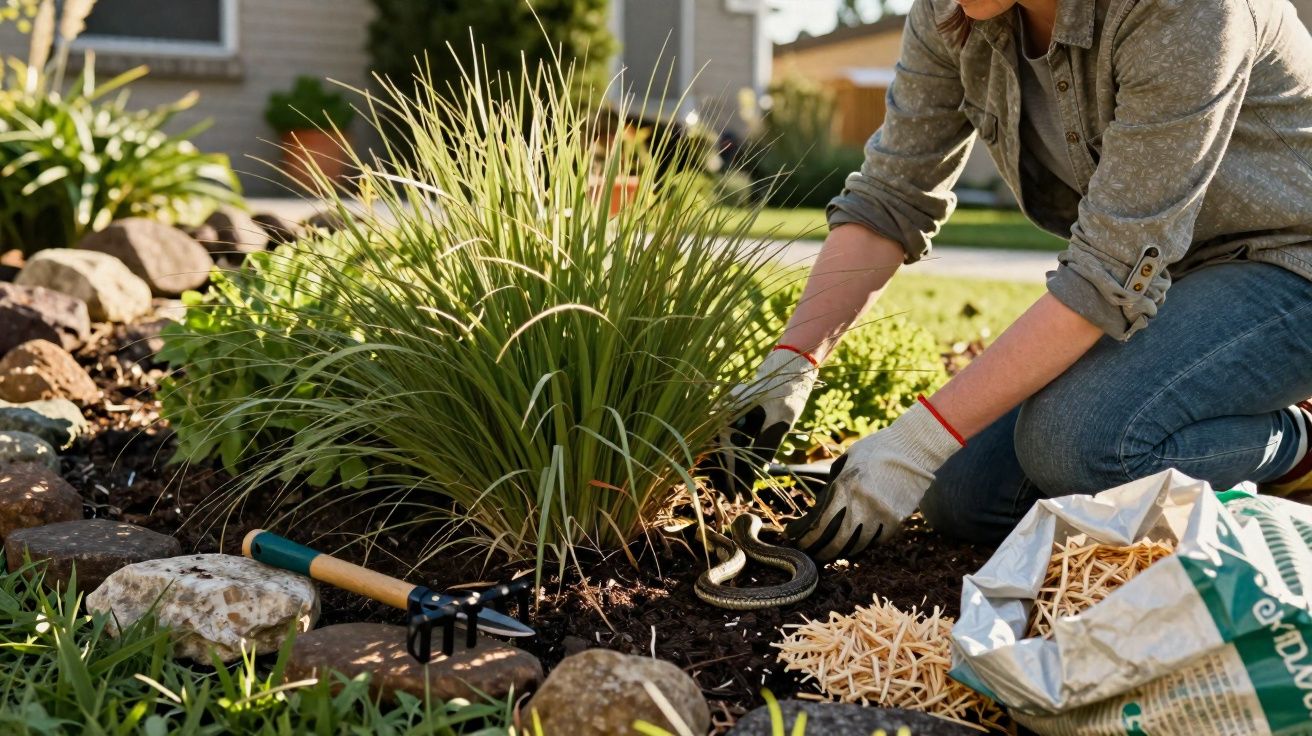 Pessoa agachada removendo cobra de jardim com plantas, usando luvas e ferramentas de jardinagem.