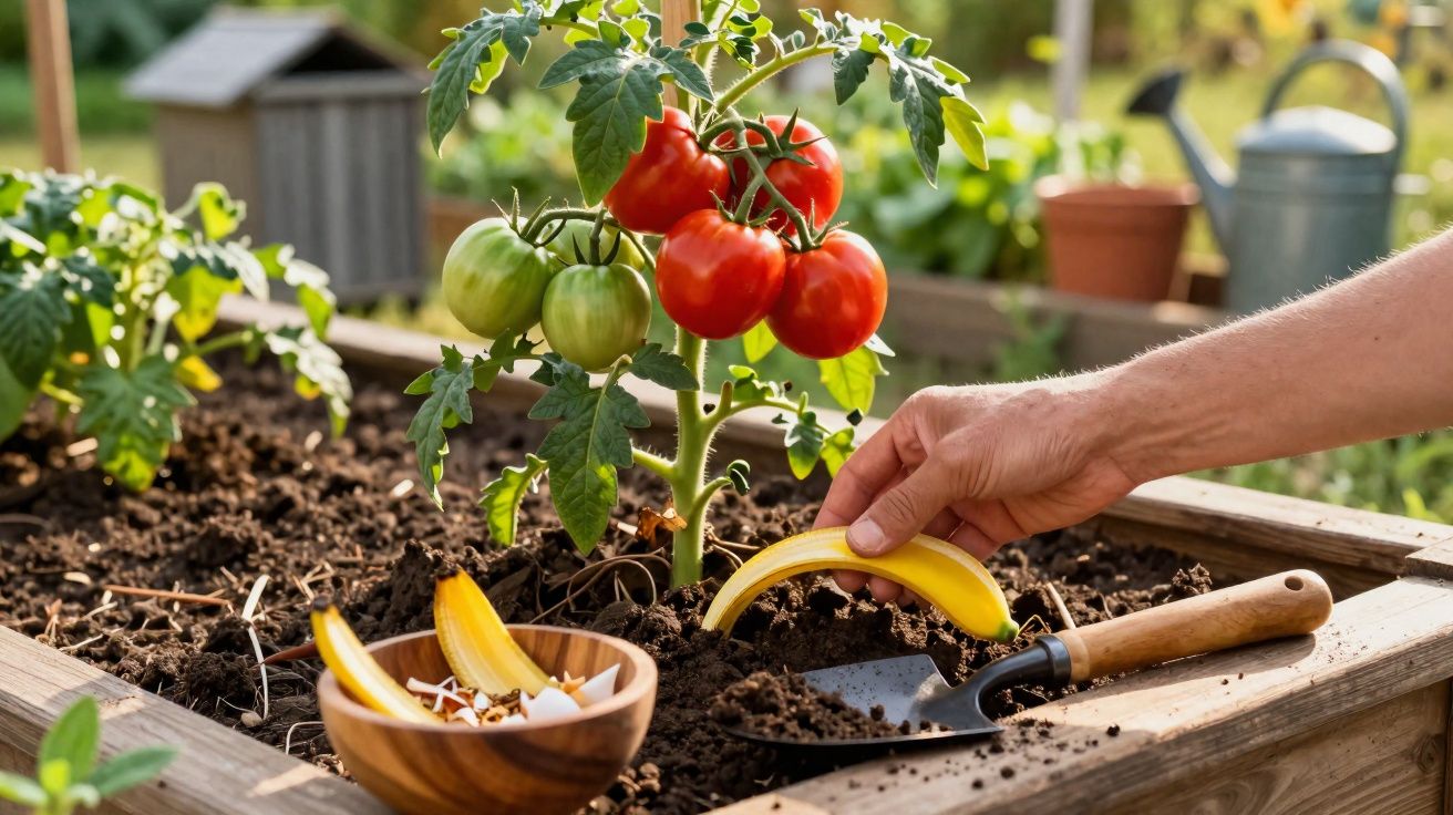 Pessoa colocando casca de banana no solo próximo a planta de tomate em canteiro de madeira.
