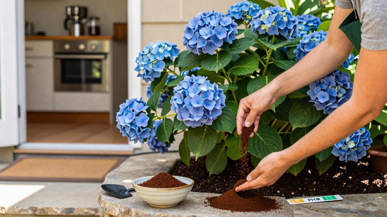 Pessoa mexendo com terra ao lado de hortênsias azuis em vaso na varanda de casa.