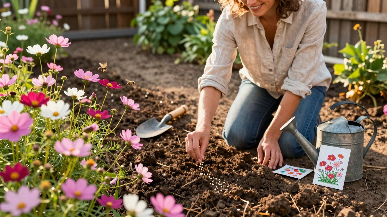 Mulher plantando sementes em jardim de flores coloridas com regador e cartão ilustrado ao lado.