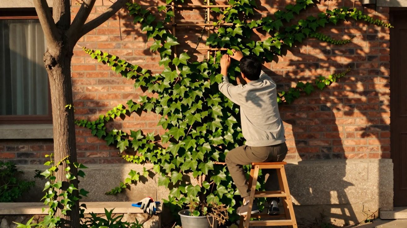 Homem sentado em escada cuidando de planta trepadeira em parede de tijolos à luz do sol.
