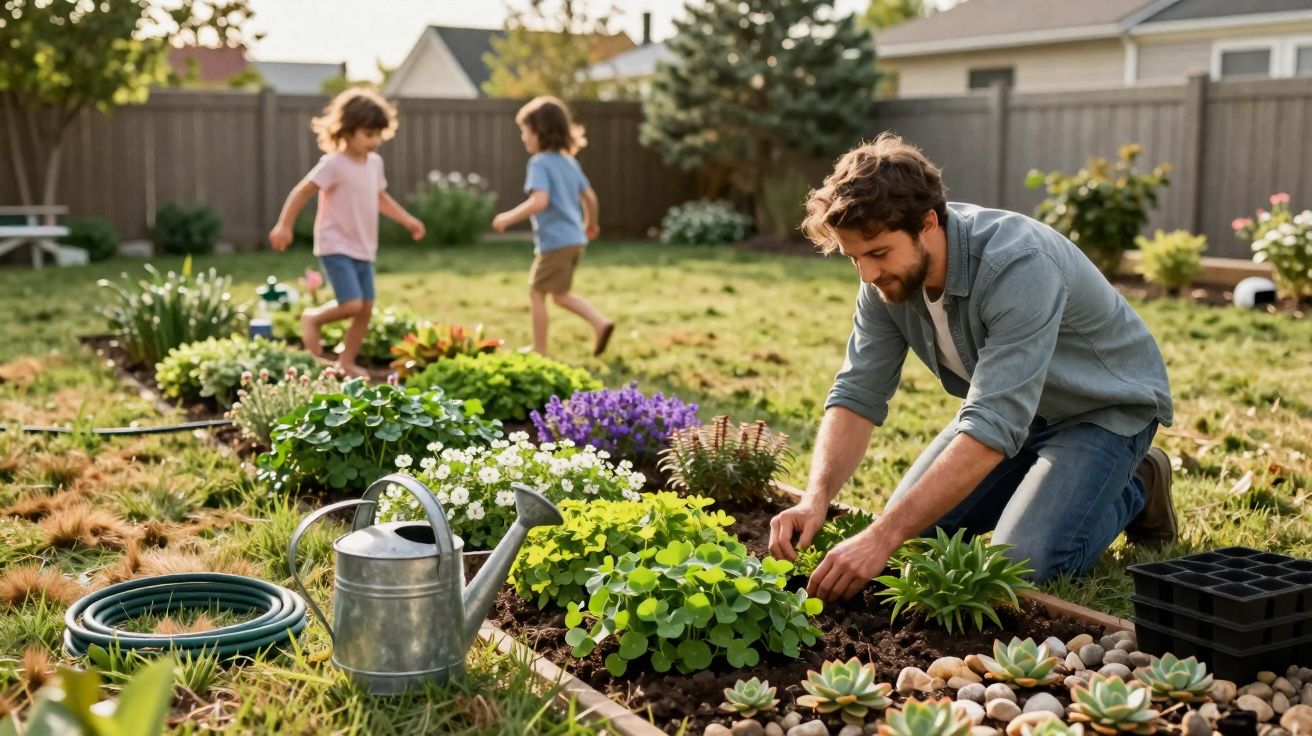 Homem cuidando do jardim com crianças brincando ao fundo em quintal ensolarado.