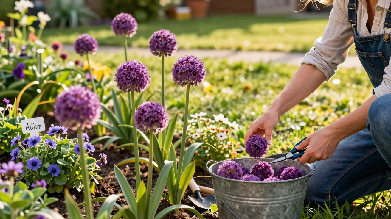 Pessoa colhendo flores roxas Allium em um jardim ensolarado com flores variadas ao redor.