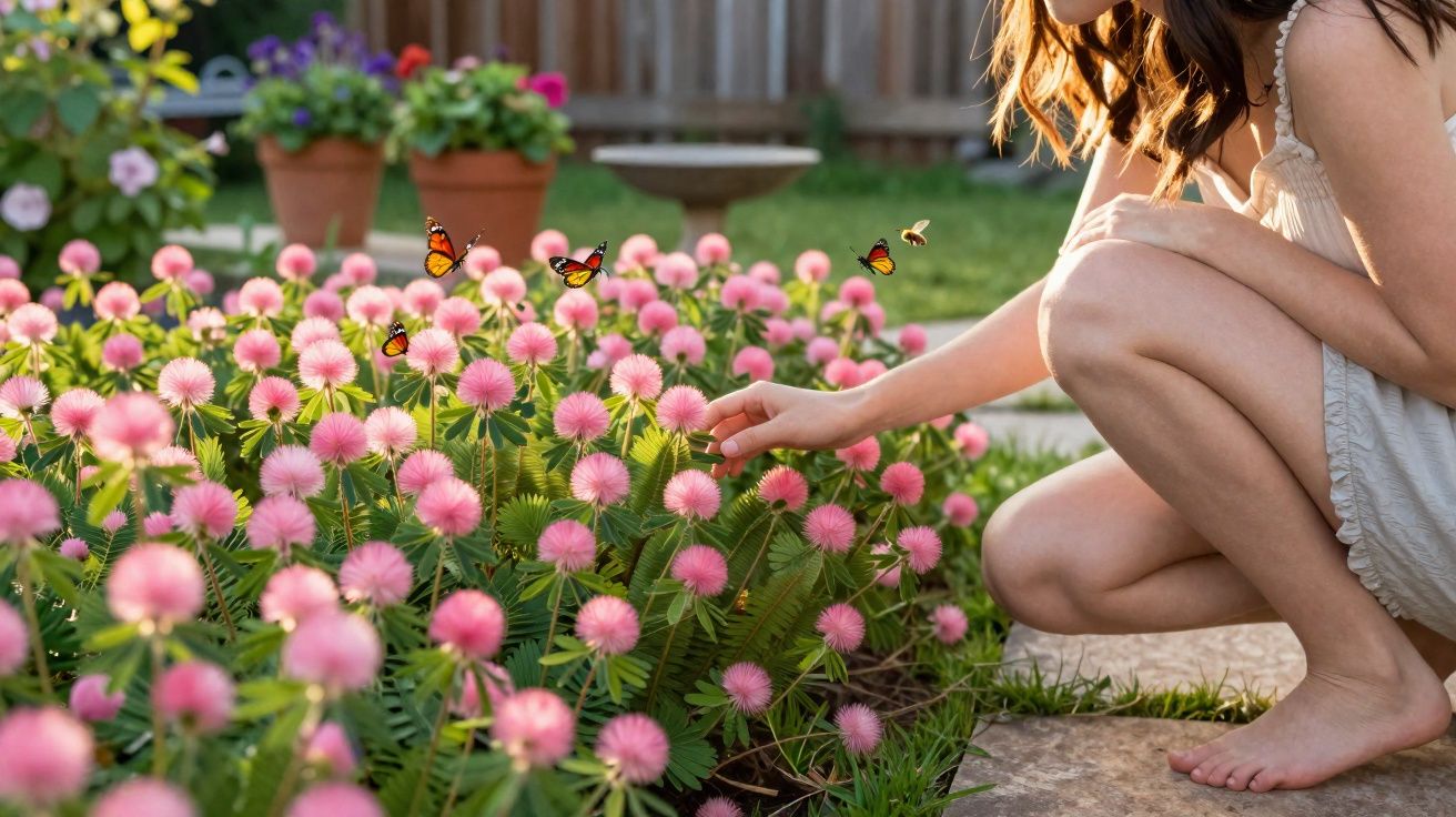 Mulher agachada tocando flores rosas enquanto borboletas voam em jardim ensolarado.