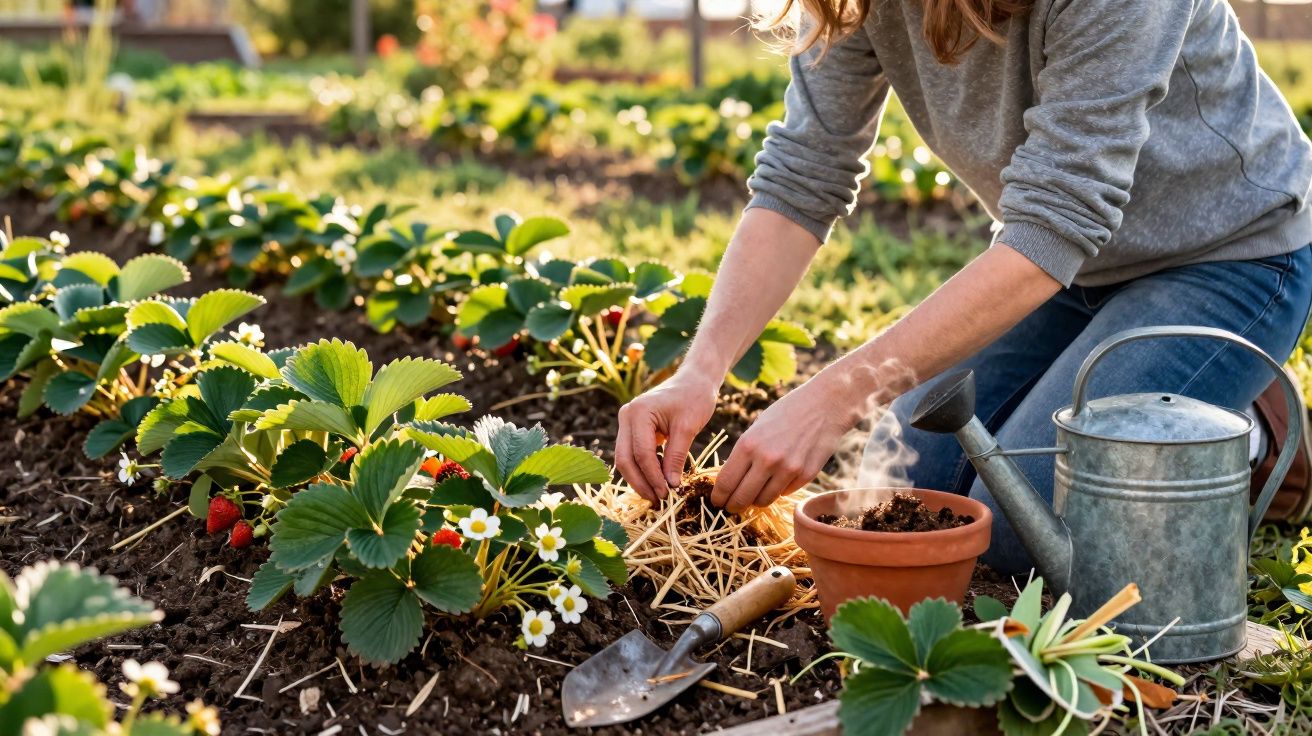 Pessoa cuidando de morangueiras em jardim com regador, vaso e ferramenta de jardinagem.