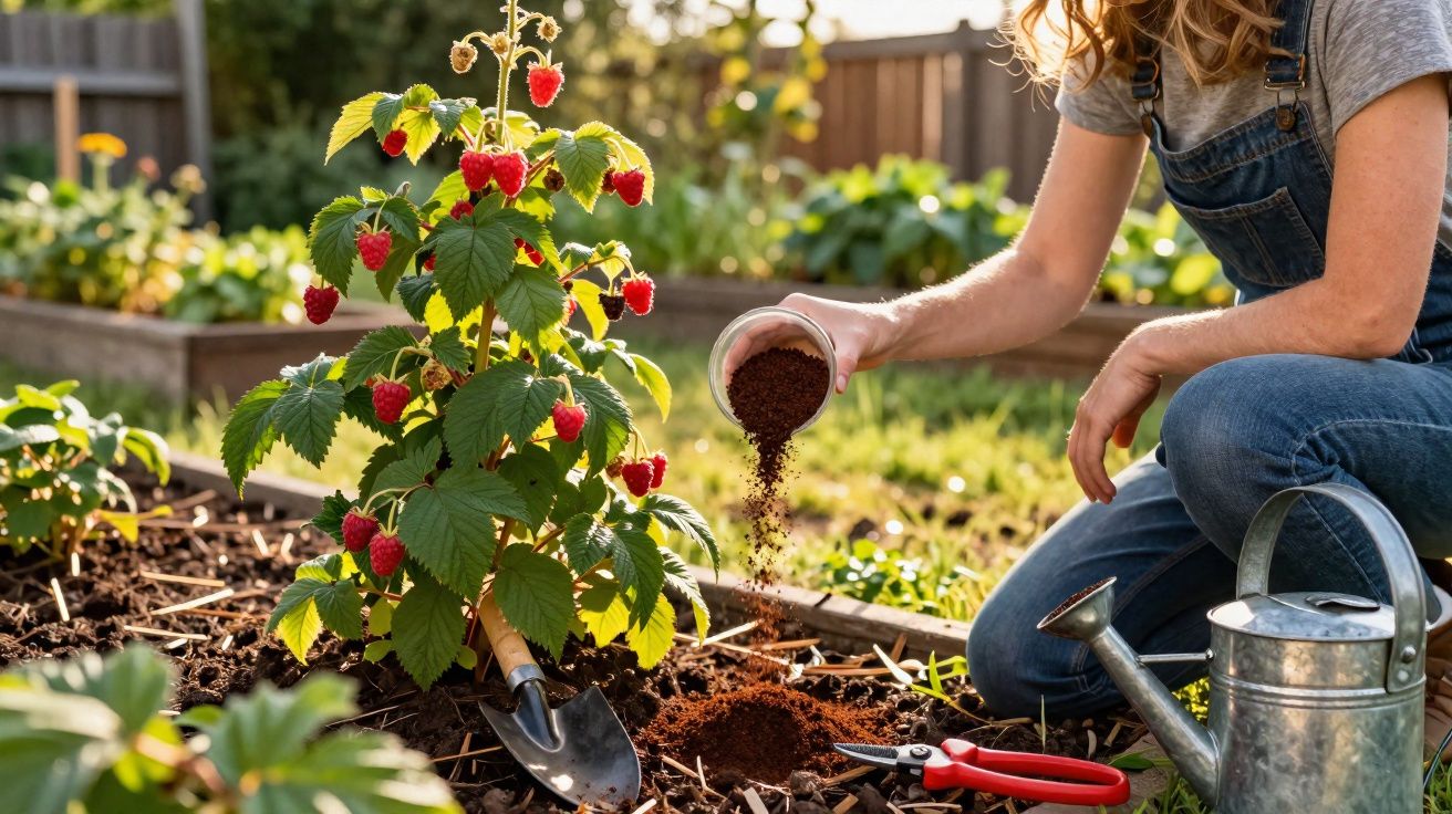 Pessoa cuidando de planta de framboesa vermelha em jardim com regador e ferramentas ao redor.