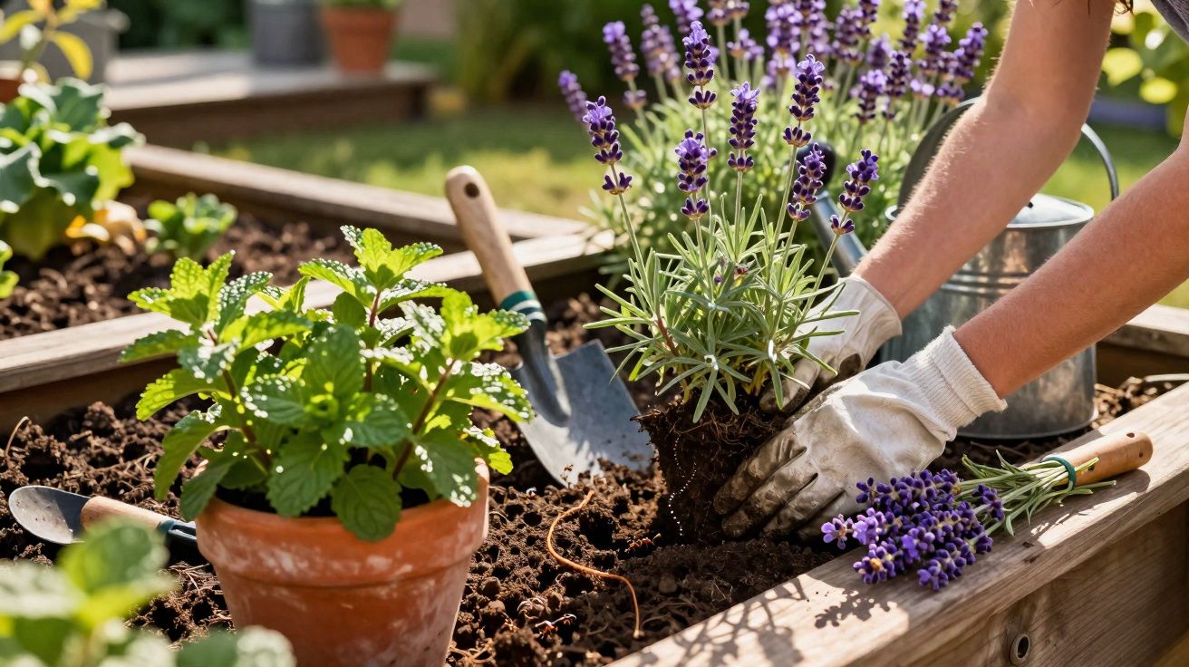 Pessoa plantando lavanda em canteiro de jardim com luvas brancas e ferramentas de jardinagem.