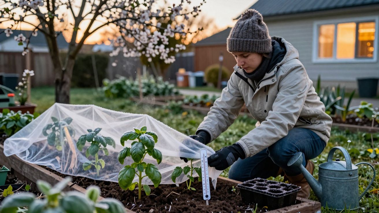 Pessoa vestindo roupas de inverno cuidando de plantas em canteiro protegido por tela em jardim residencial.