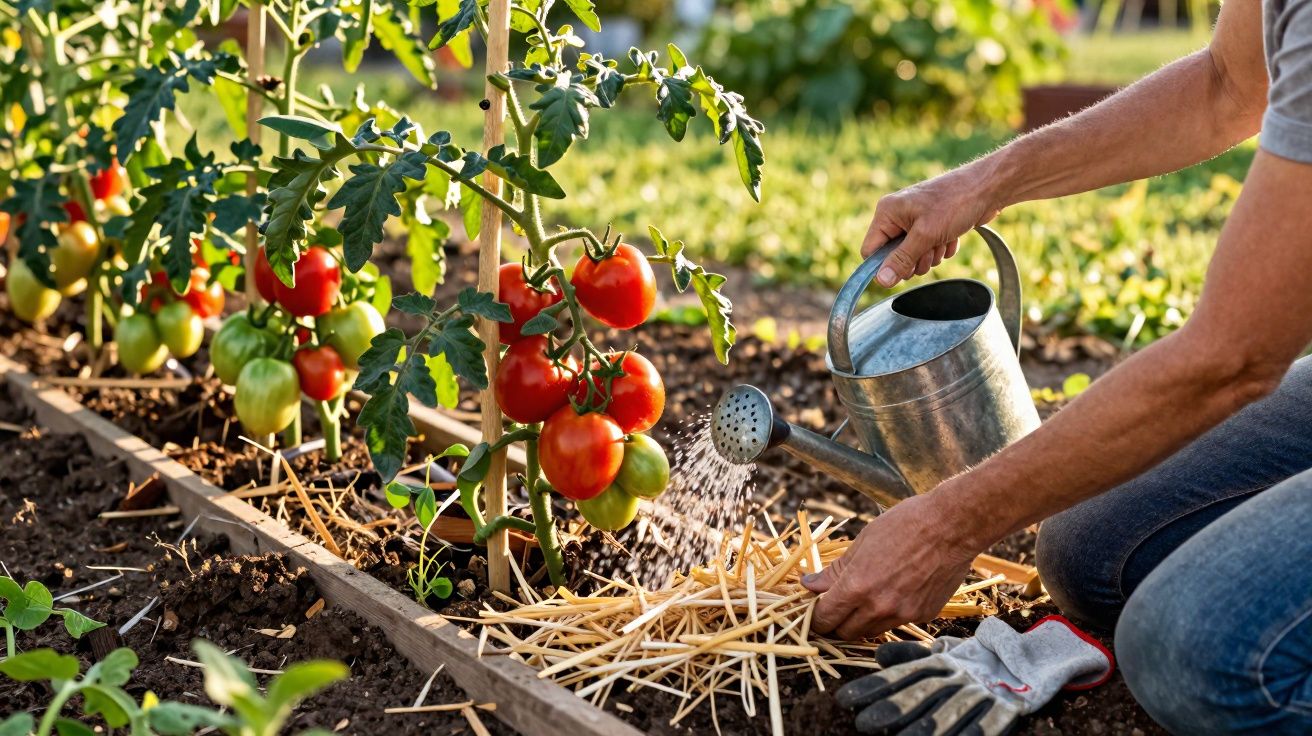 Pessoa regando mudas de tomate em horta caseira com regador de metal e luvas ao lado.