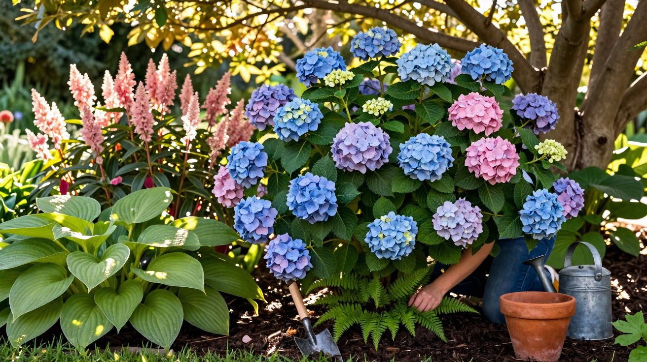 Jardim com hortênsias azul e rosa, outras plantas, regador, vaso e pessoa cuidando da planta.