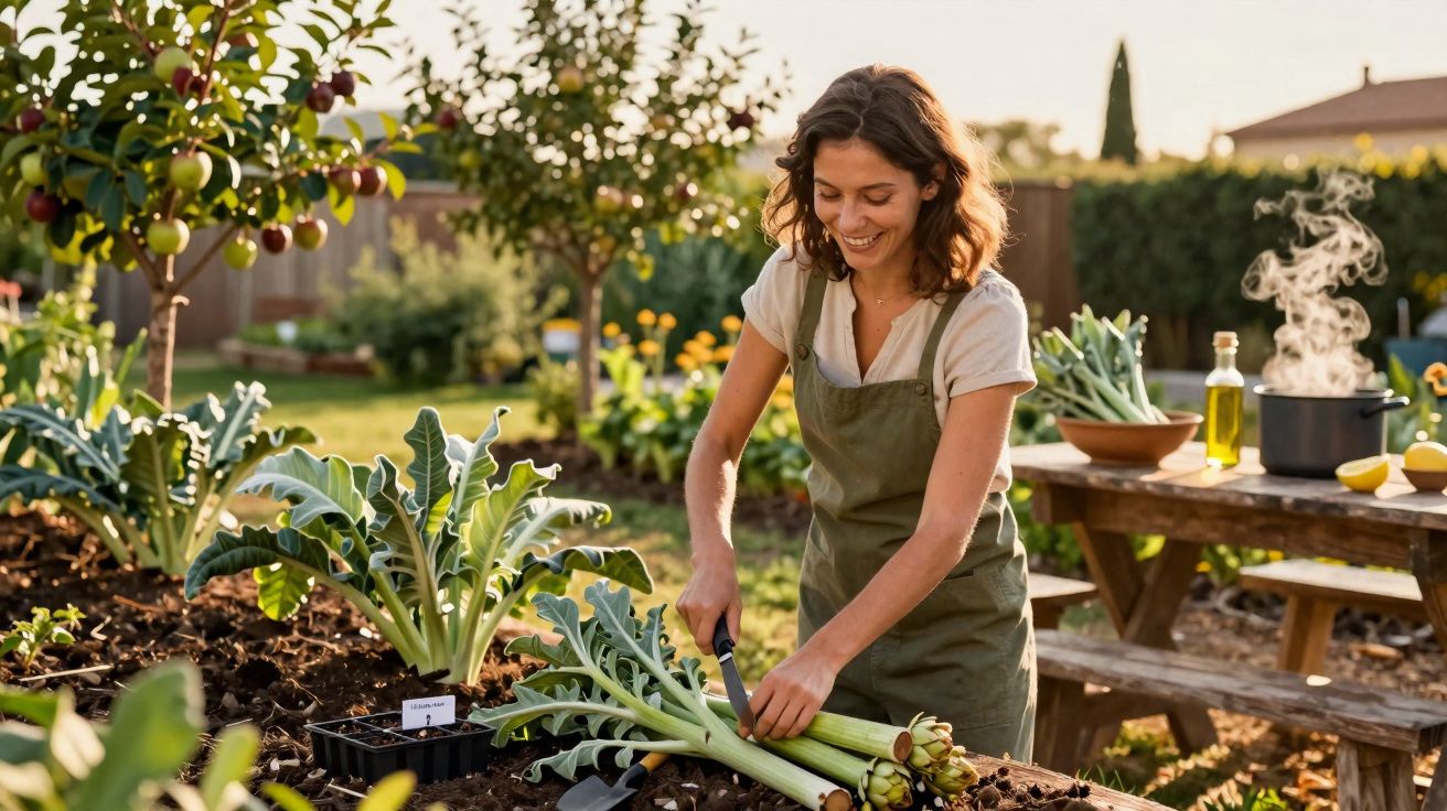 Mulher sorrindo colhendo e cortando verduras em jardim com plantas e mesa ao fundo.